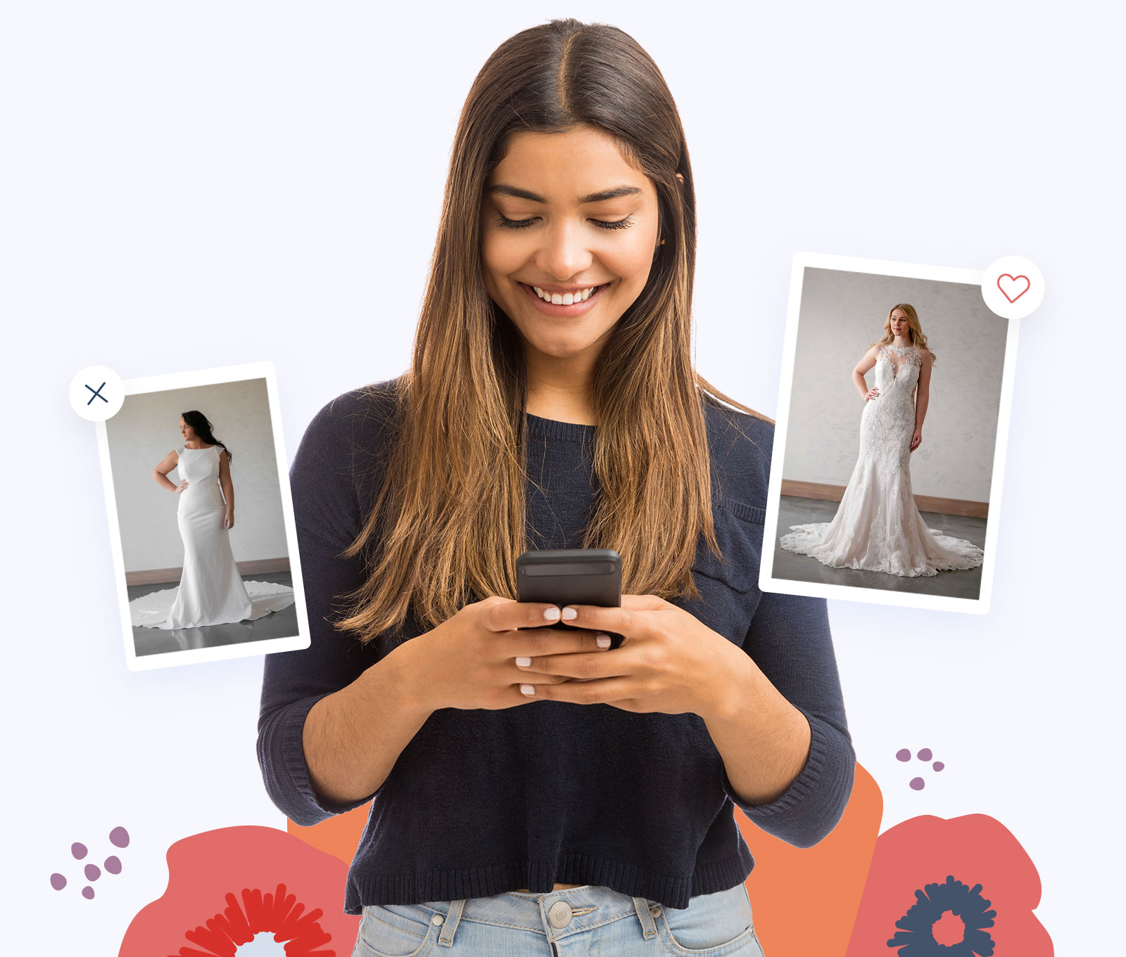 Woman using the Poppy Mobile App to choose dresses