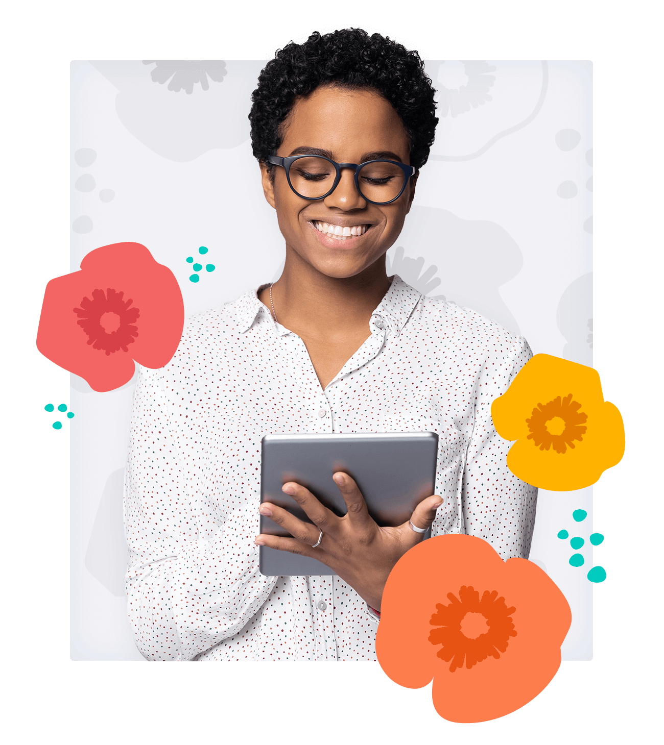 Woman using Poppy support on a tablet device with branded Poppy flowers overlay