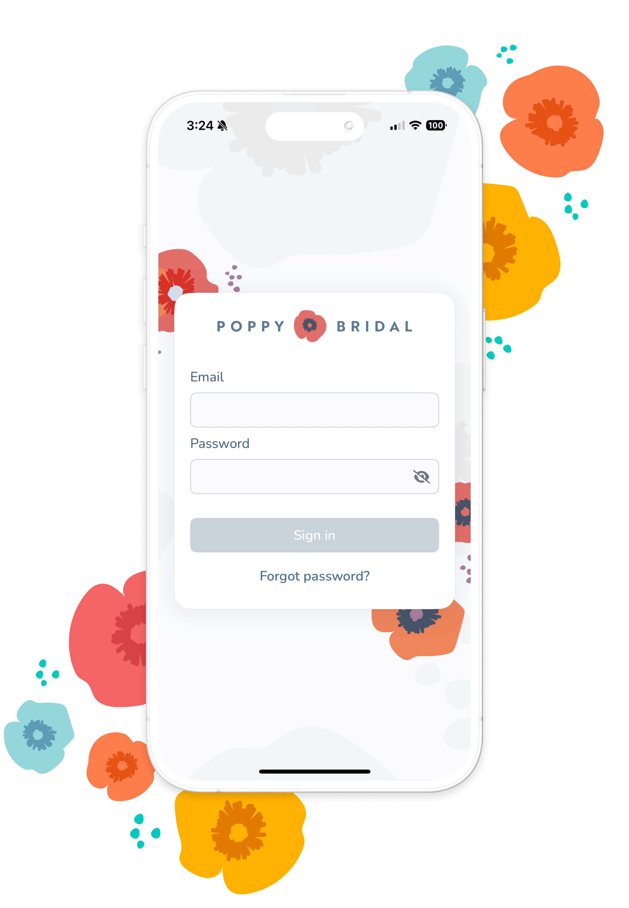 Poppy mobile app login screen on an iPhone with branded Poppy flowers