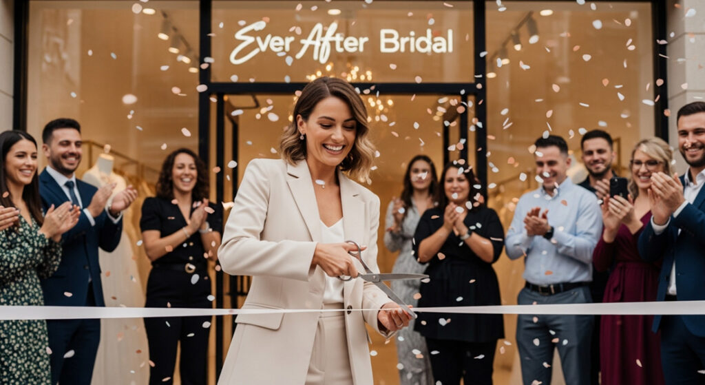 A woman cutting the ribbon of her new bridal store and people cheering with confetti