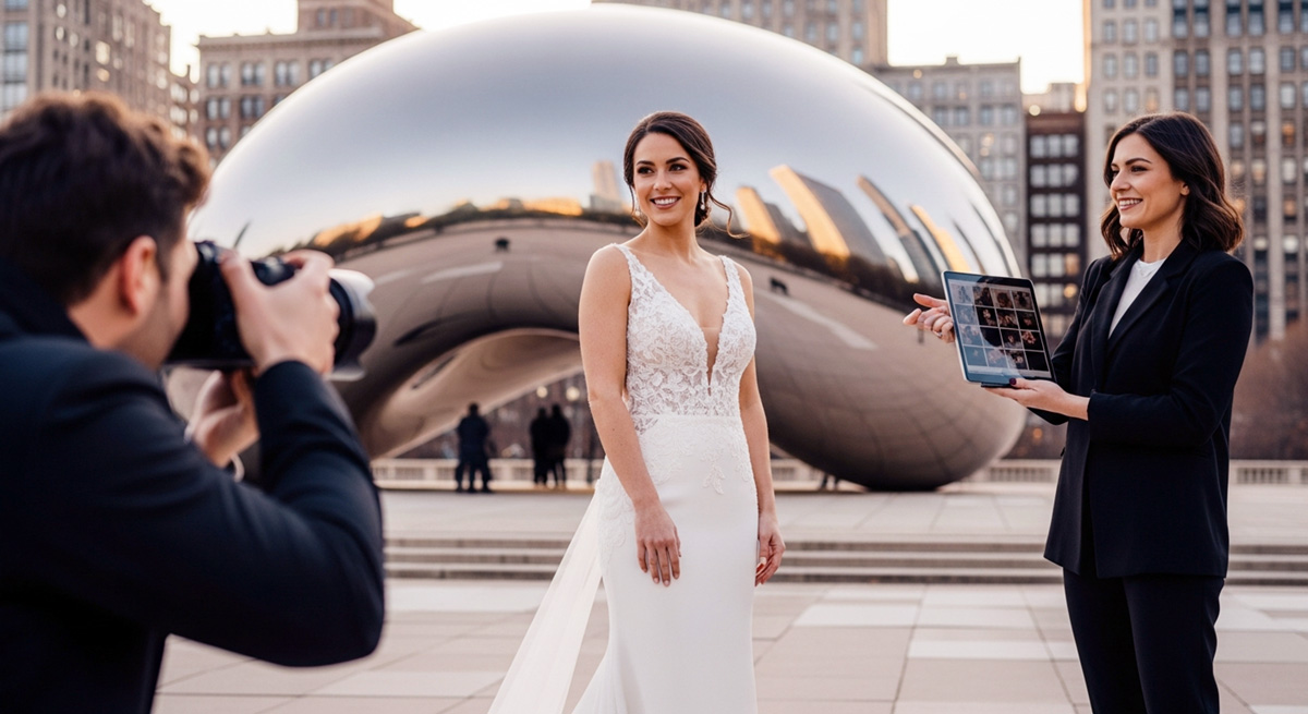 A woman modeling a bridal dress in front of the bean in Chicago