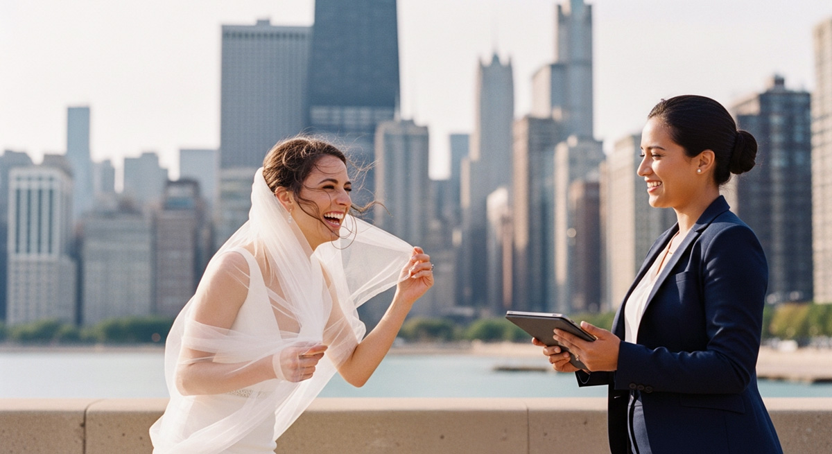 A bride holding her veil from the wind in a Chicago City landmark