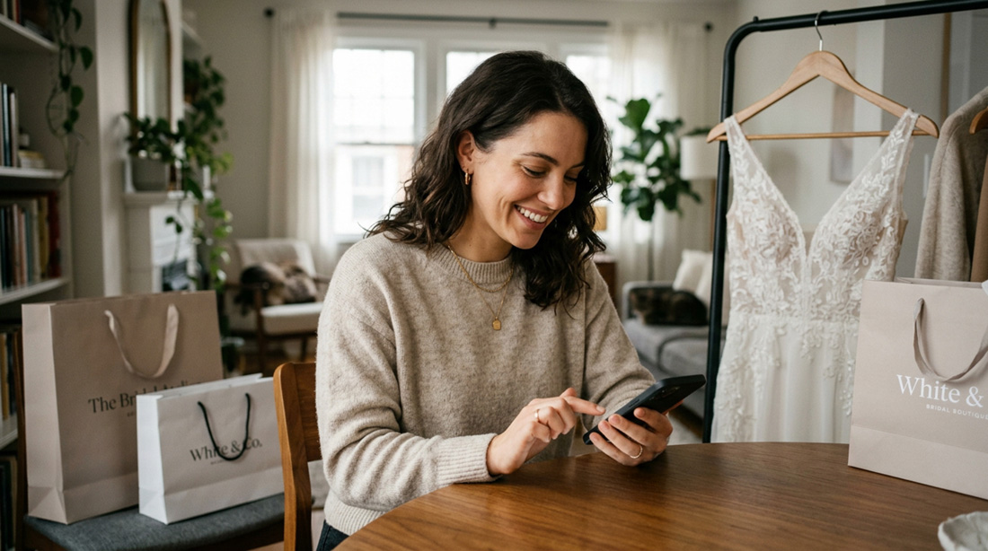 A woman signing a contract on her cell phone with a bridal gown next to her.