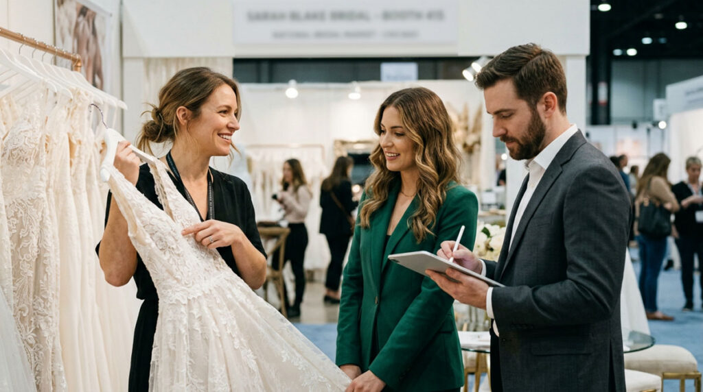 A woman and her business partner checking out a gown collection at the national bridal market.