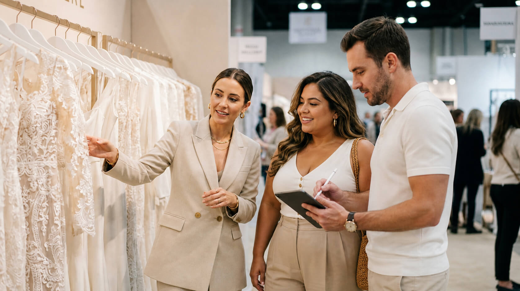 A couple of bridal store owners looking at a bridal gown booth at the national bridal market