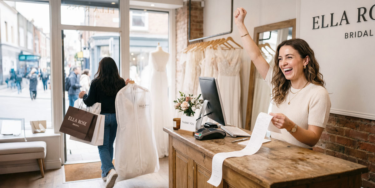 A bridal boutique owner celebrating that she made a big sale.